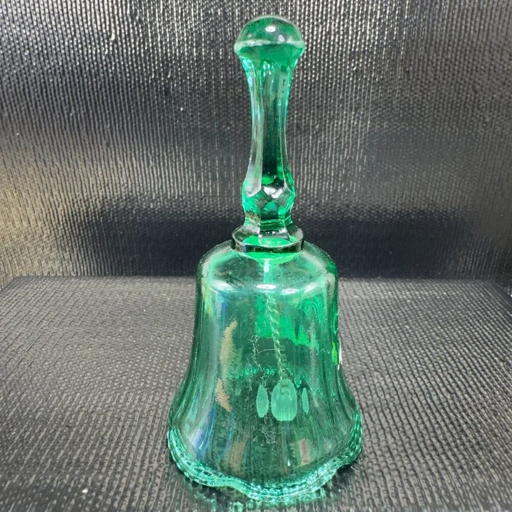 Vintage Illinois State Green Glass Bell Applied Flowers Glassware Figurine Decor